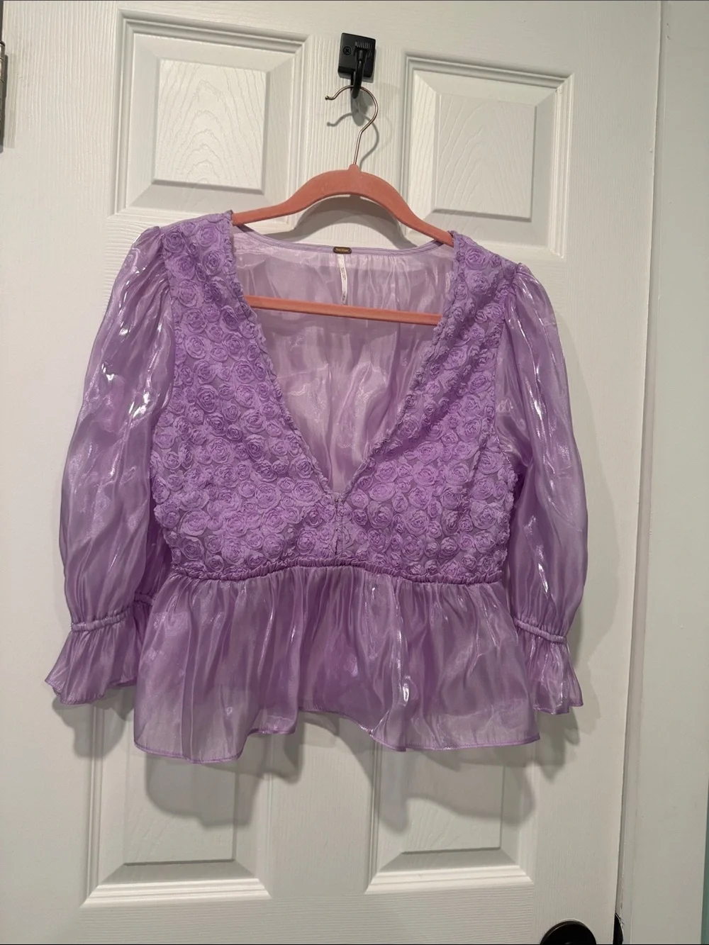 Free People Lilac Rose Appliqué Peplum V-Neck Blouse